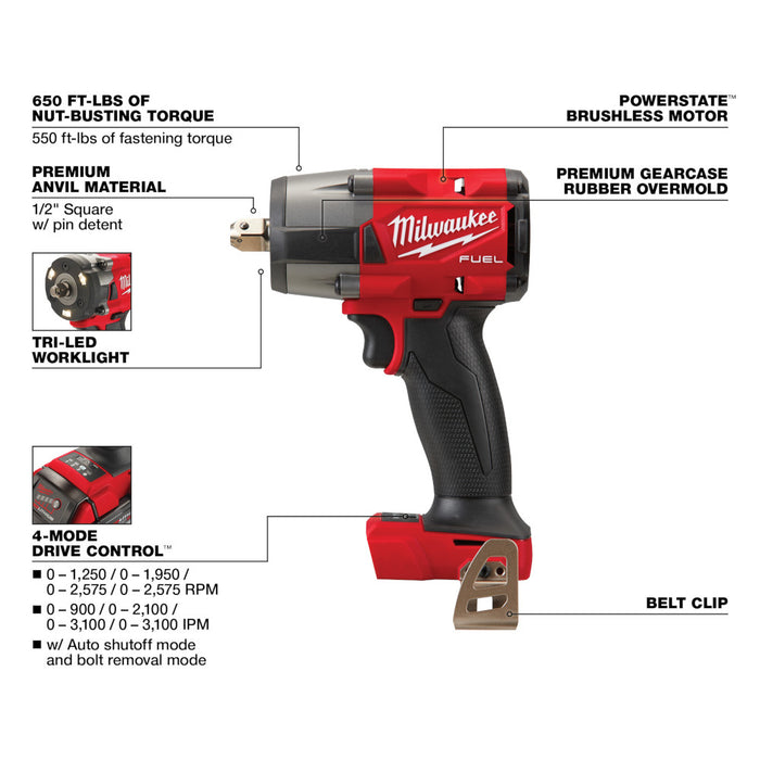 MILWAUKEE M18 FUEL™ 1/2 " Mid-Torque Impact Wrench w/ Pin Detent (Tool Only)