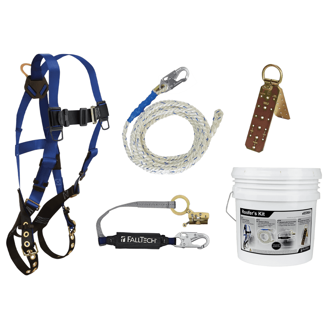 FALLTECH Roofer's Kit w/ Hinged Reusable Anchor & Trailing Anti-Panic Rope Adjuster