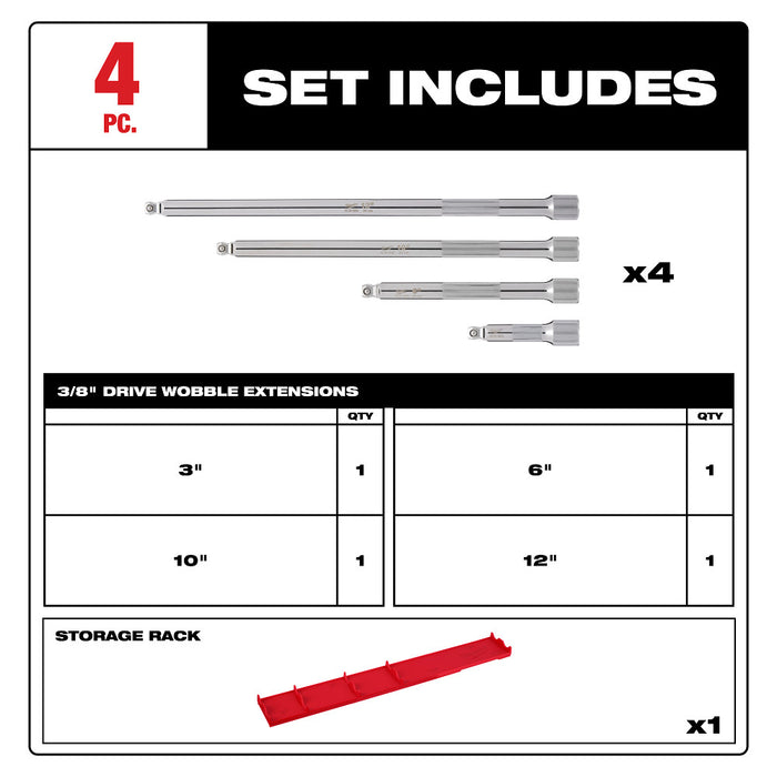 MILWAUKEE 4 PIEZAS. Juego de extensión de oscilación de accionamiento de 3/8”