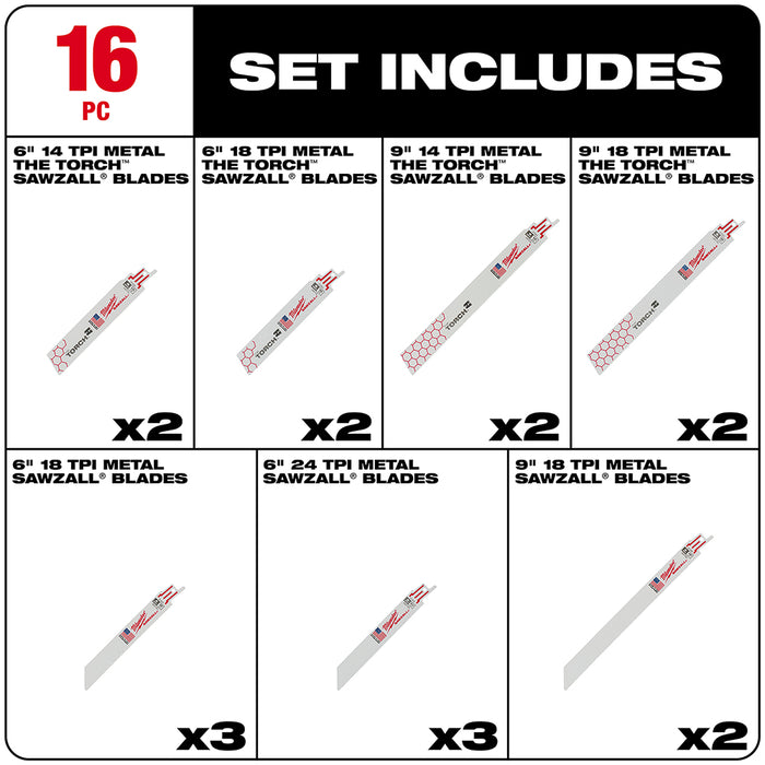 MILWAUKEE 16 PC. SAWZALL® Metal Cutting Bi-Metal Reciprocating Blade Set