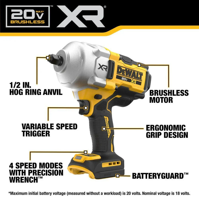 DEWALT 20V MAX* XR Brushless Cordless 1/2 In. High Torque Impact Wrench with Hog Ring Anvil Kit