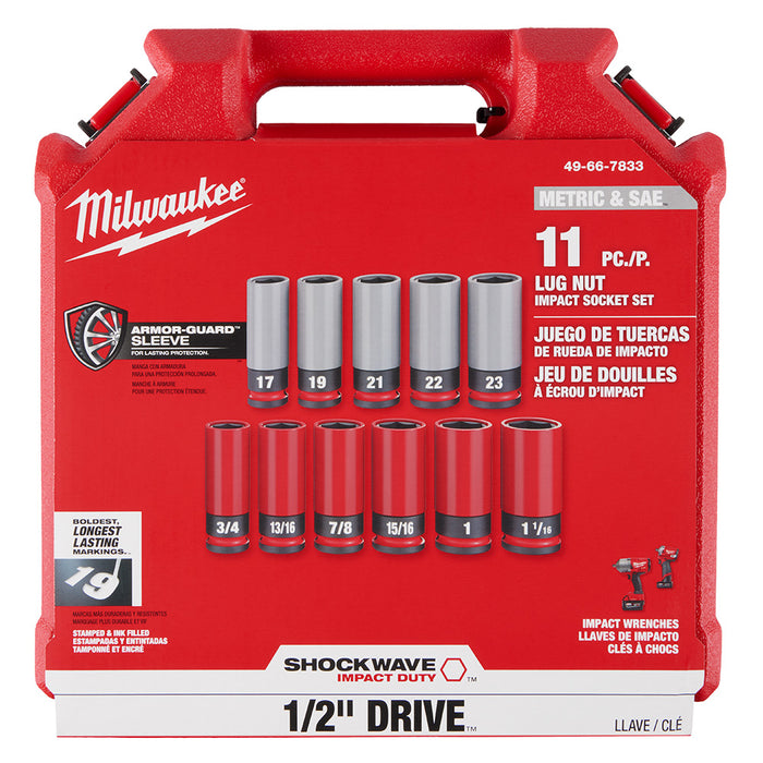 MILWAUKEE SHOCKWAVE IMPACT DUTY™ 1/2 Impulsor SAE y Métrico 11 PC. Juego de llaves de tuercas para ruedas