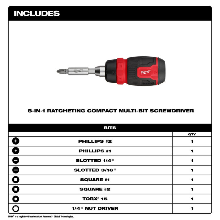 MILWAUKEE 8-IN-1 Ratcheting Compact Multi-Bit Screwdriver