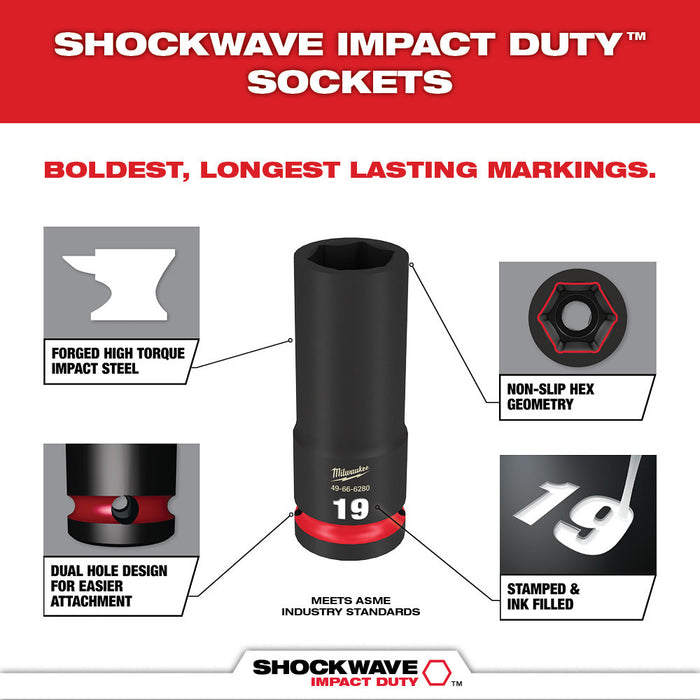 MILWAUKEE SHOCKWAVE Juego de dados de impacto de 3/8" Dr. 19 piezas MM