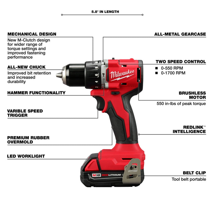 MILWAUKEE M18™ Compact 1/2" Hammer Drill/Driver Kit