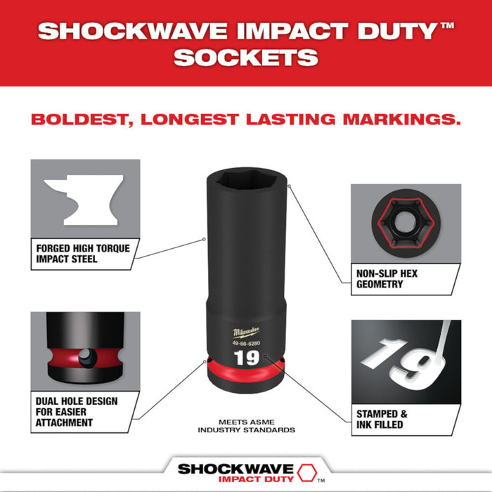 MILWAUKEE 9 PIEZAS. Juego de dados de 6 puntas, profundos, métricos, con impulsión de 1/2" SHOCKWAVE IMPACT DUTY™