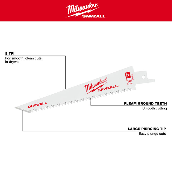 MILWAUKEE 6” 8 TPI Drywall SAWZALL™ Blades (3 PACK)