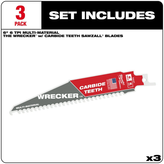 MILWAUKEE 6 TPI WRECKER™ Multi-Material SAWZALL® Blade w/ Carbide Teeth (3 PACK)
