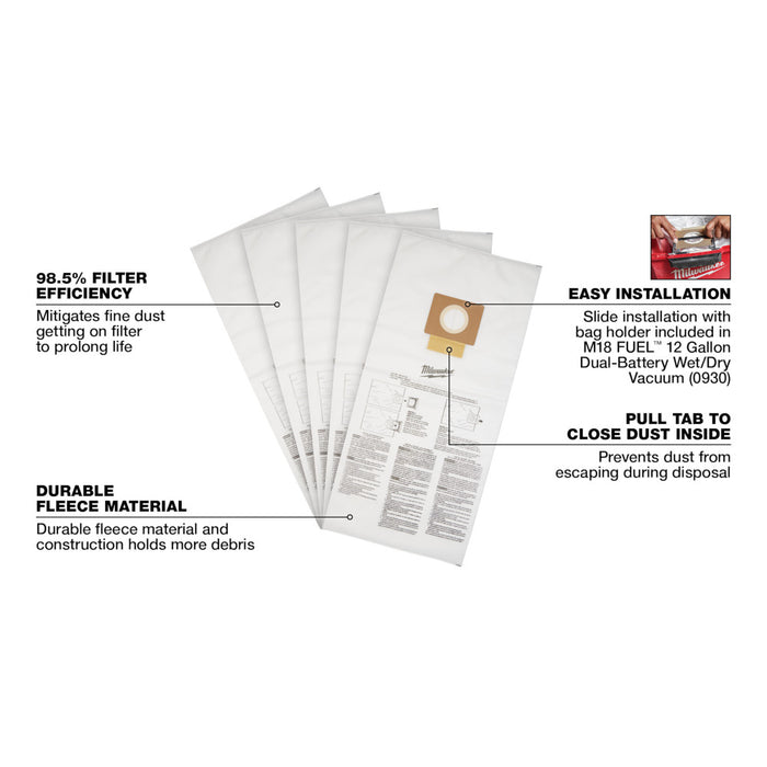 Bolsas para polvo de forro polar de 12 galones MILWAUKEE (PAQUETE DE 5)