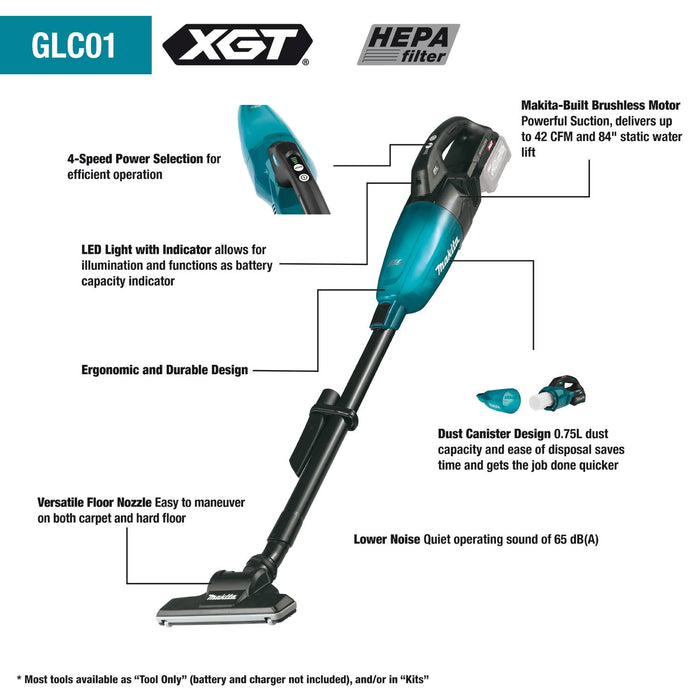 Makita GLC01SD1 40V max XGT® Brushless Cordless 4-Speed HEPA Filter Compact Stick Vacuum Kit (2.5Ah)