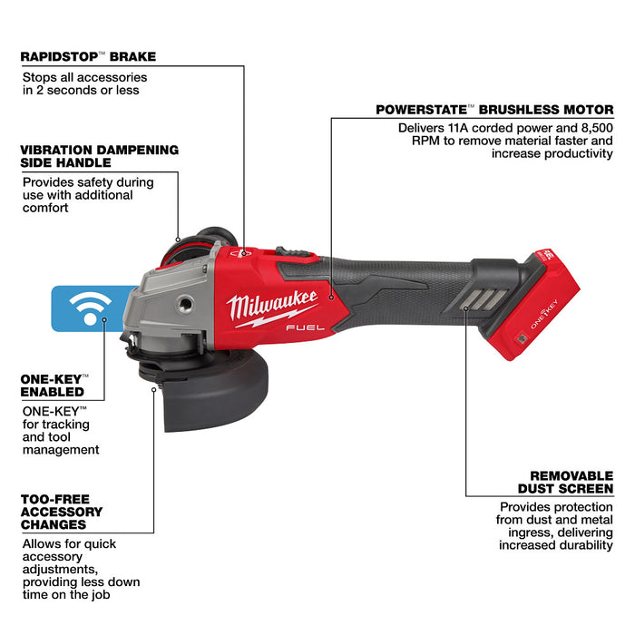 MILWAUKEE M18 FUEL 4-1/2" / 5" Braking Grinder w/ ONE-KEY & Slide Lock-On Switch (Tool Only)