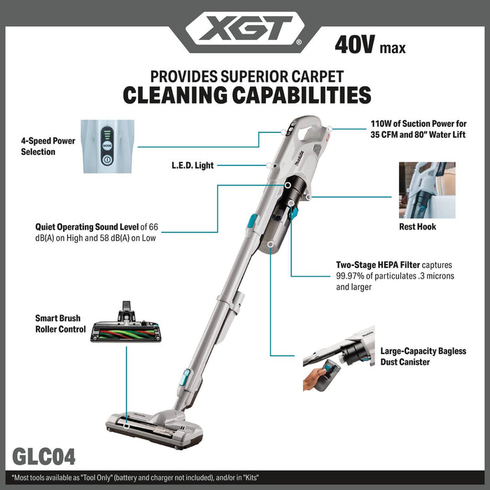 Makita GLC04Z 40V max XGT® Brushless Cordless Cyclonic Power Brush Head 4-Speed Compact Stick Vacuum, Tool Only