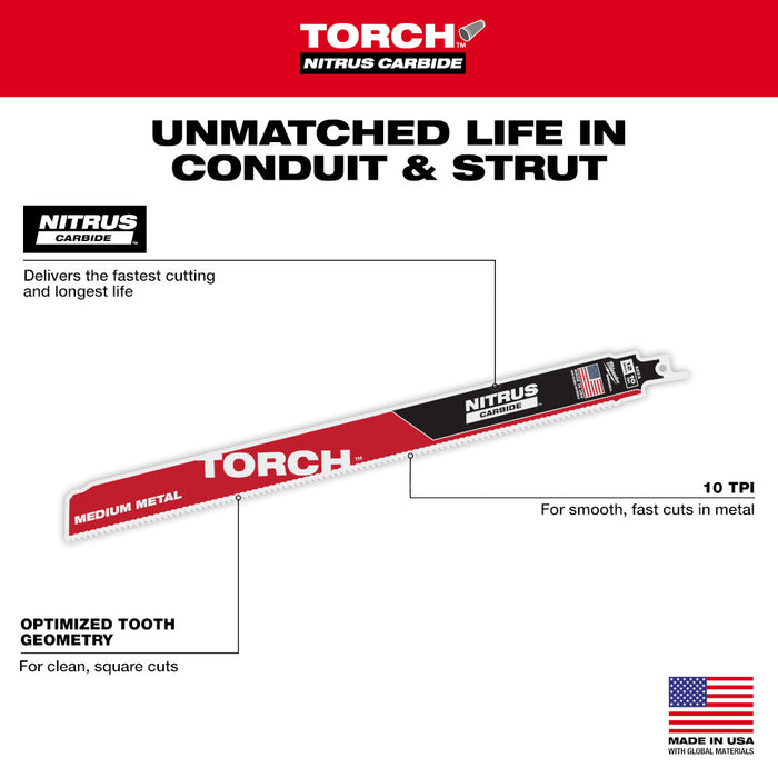 MILWAUKEE 10 TPI TORCH™ Medium Metal SAWZALL® Blade w/ NITRUS CARBIDE™ (5 PACK)