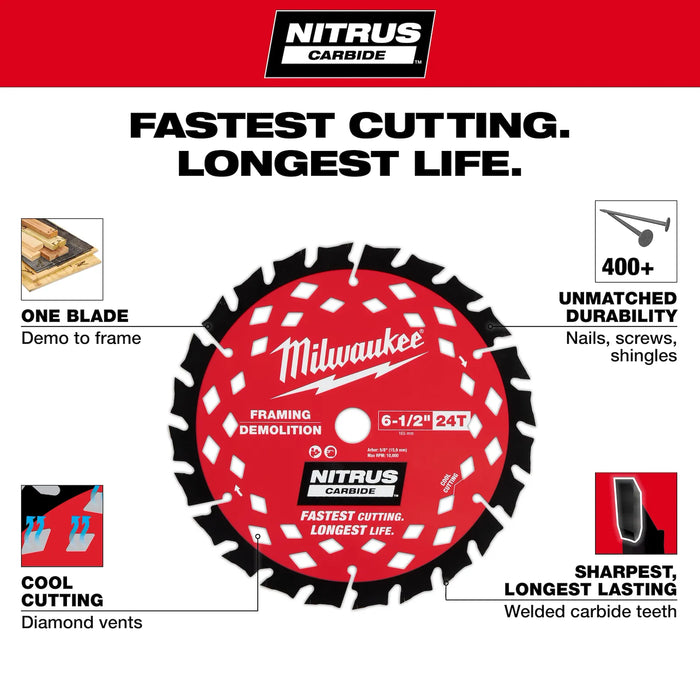 Milwaukee 6-1/2” 24T NITRUS™ Carbide Framing & Demolition Circular Saw Blade