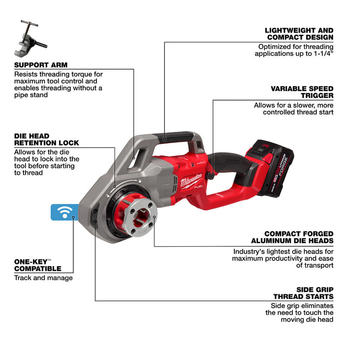 Roscadora de tubos compacta MILWAUKEE M18 FUEL™ con kit ONE-KEY™ con cabezales roscadores compactos de aluminio forjado NPT de 1/2" - 1-1/4"