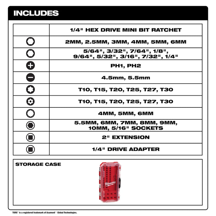 Milwaukee 44pc. 1/4” Hex Drive Mini Flex Head Ratchet & Bit Set