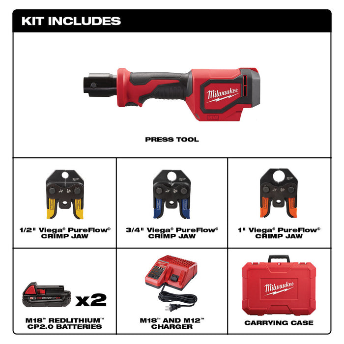 MILWAUKEE M18 Short Throw Press Tool Kit w/ Viega PureFlow Jaws