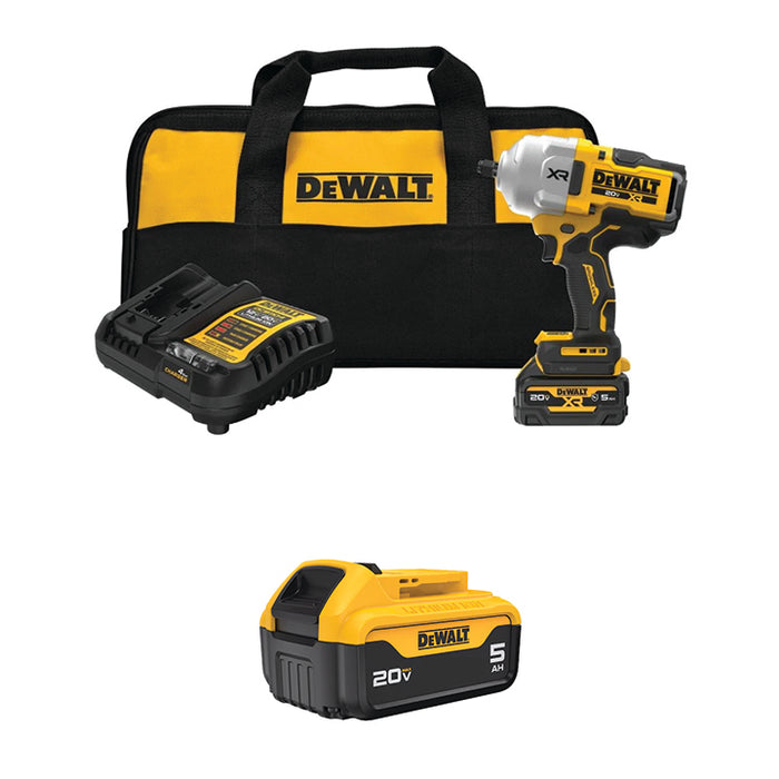 DEWALT 20V MAX* XR® 1/2" High Torque Impact Wrench w/ Hog Ring Anvil Kit & FREE 20V MAX* 5Ah Battery