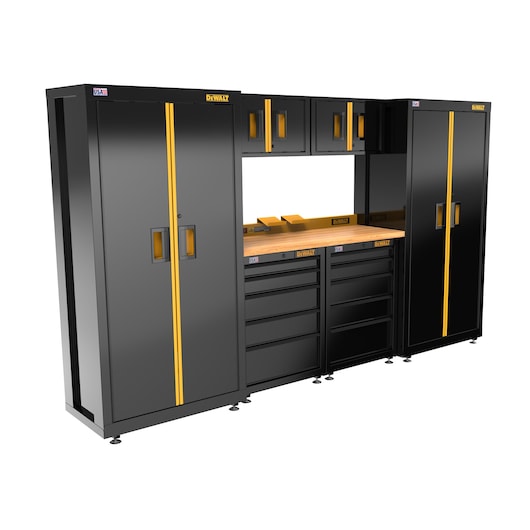 DEWALT 126" Wide, 7 PC. Welded Storage Suite w/ 2, 5-Drawer Base Cabinets & Wood Top