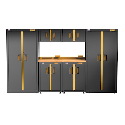 DEWALT 126" Wide, 7 PC. Welded Storage Suite w/ 2, 2-Door Base Cabinets & Wood Top
