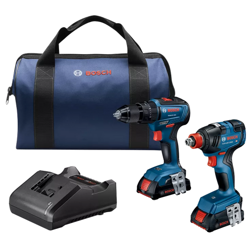 BOSCH 18V 2-Tool Combo Kit w/ 1/2 Hammer Drill/Driver & 2-IN-1 1/4" & 1/2" Bit/Socket Impact Driver/Wrench