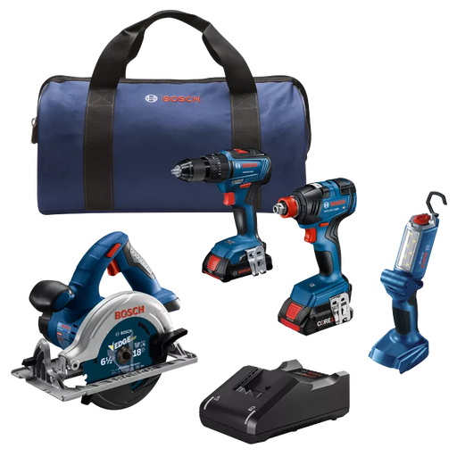 BOSCH 18V 4-Tool Combo Kit w/ 2-IN-1 1/4" & 1/2" Bit/Socket Impact Driver/Wrench, 1/2" Hammer Drill/Driver, 6-1/2" Circular Saw & LED Worklight