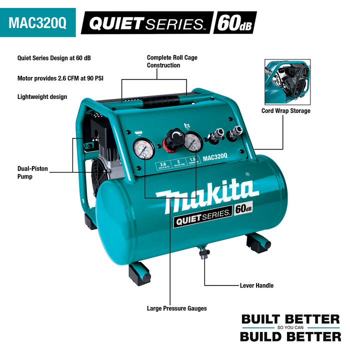 Compresor de aire eléctrico MAKITA Quiet Series de 1‑1/2 HP, 3 galones, sin aceite