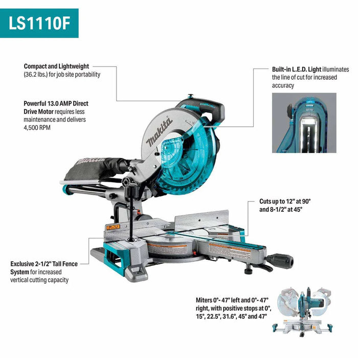 Makita LS1110F 10 in. Sliding Compound Miter Saw with LED Cut Line, 13A Motor, 4,500 RPM