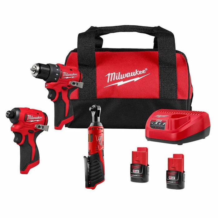 Milwaukee M12 12V Brushless Drill/ImpactDriverCombo Kit w/ 3/8" Ratchet, Batteries & Bag  3494-23R