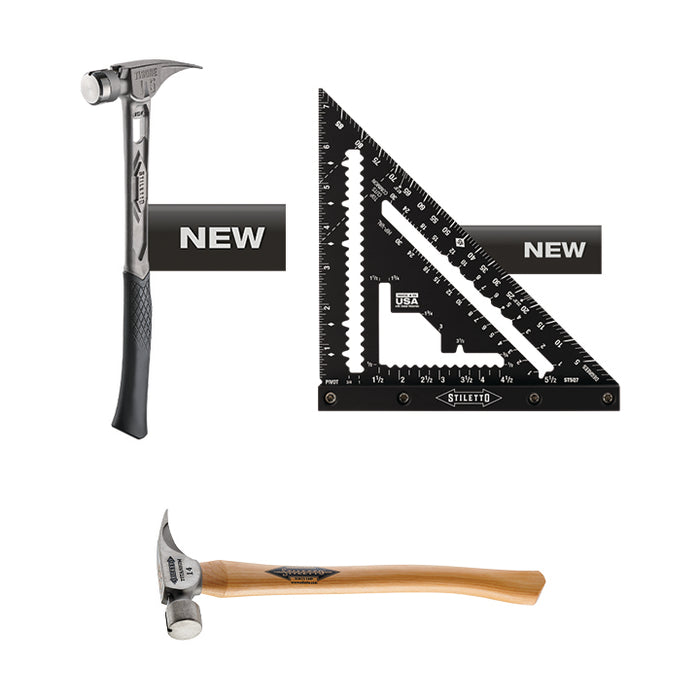 STILETTO 15 oz TIBONE™ Smooth/Curved Titanium Hammer + 7" Carpenter Square & FREE 14 oz Smooth/Curved Hickory Hammer