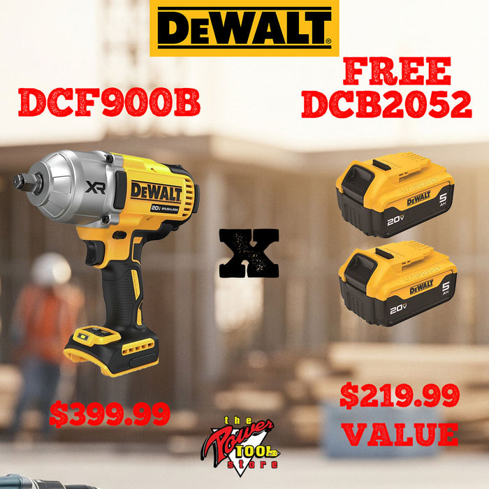 DEWALT 20V MAX 1/2" High Torque Impact Wrench w/ Hog Ring Anvil + FREE Batteries DCB2052
