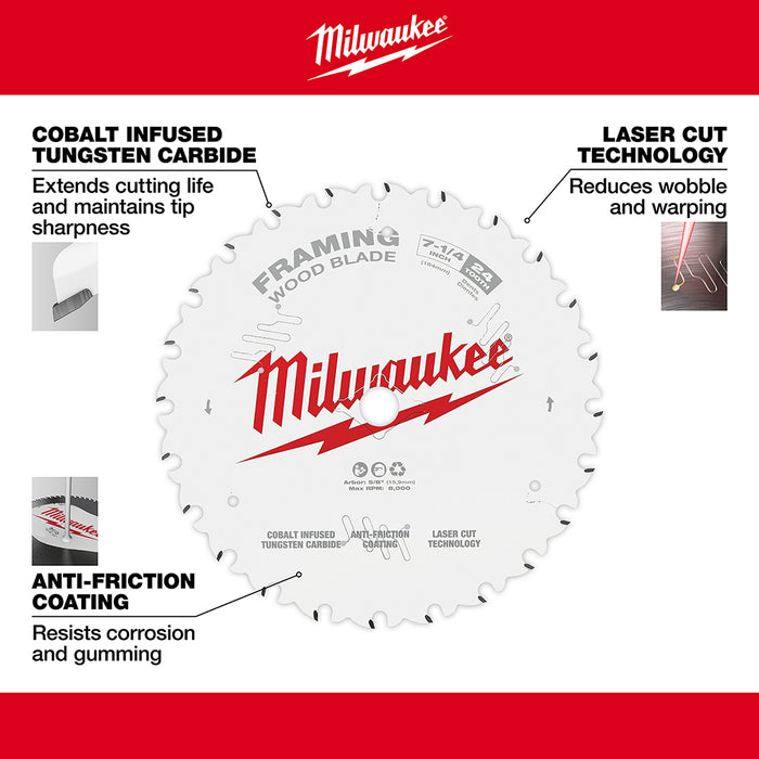 MILWAUKEE 7-1/4" 24T Circular Saw Wood Cutting Blade