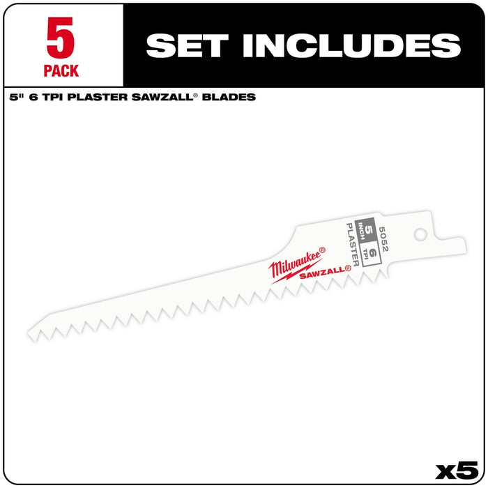 MILWAUKEE 5" 6 TPI SAWZALL® Plaster Blade (5 PACK)