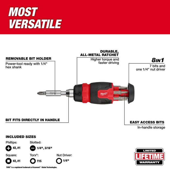 MILWAUKEE 8-IN-1 Ratcheting Compact Multi-Bit Screwdriver