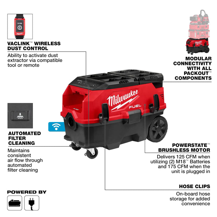 MILWAUKEE 0888-20 M18 FUEL™ 9 Gallon Dual Battery Dust Extractor w/ PACKOUT™ Compatibility and VACLINK™