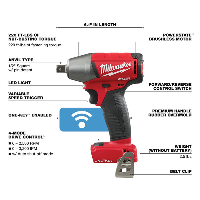 MILWAUKEE M18 FUEL™ con llave de impacto compacta ONE-KEY™ de 1/2" con pasador de retención (solo herramienta)