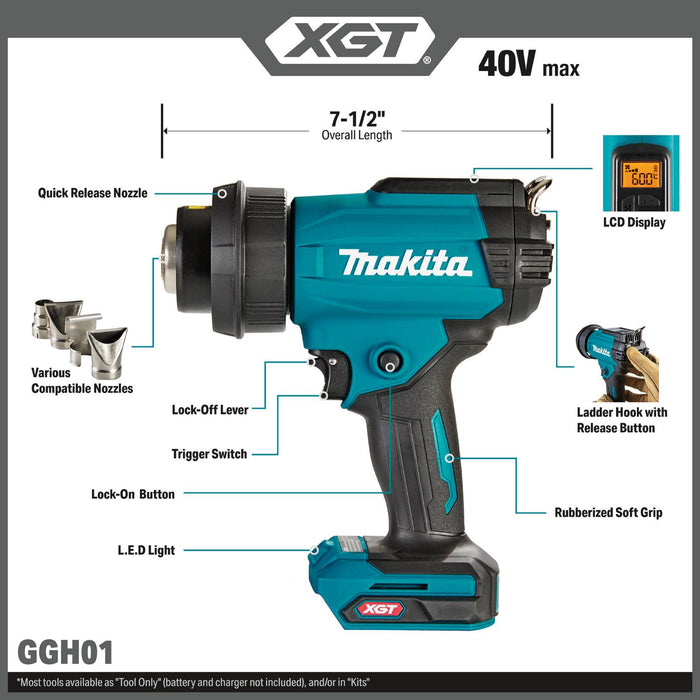 Makita GGH01Z 40V max XGT® Cordless Variable Temperature Heat Gun, Tool Only