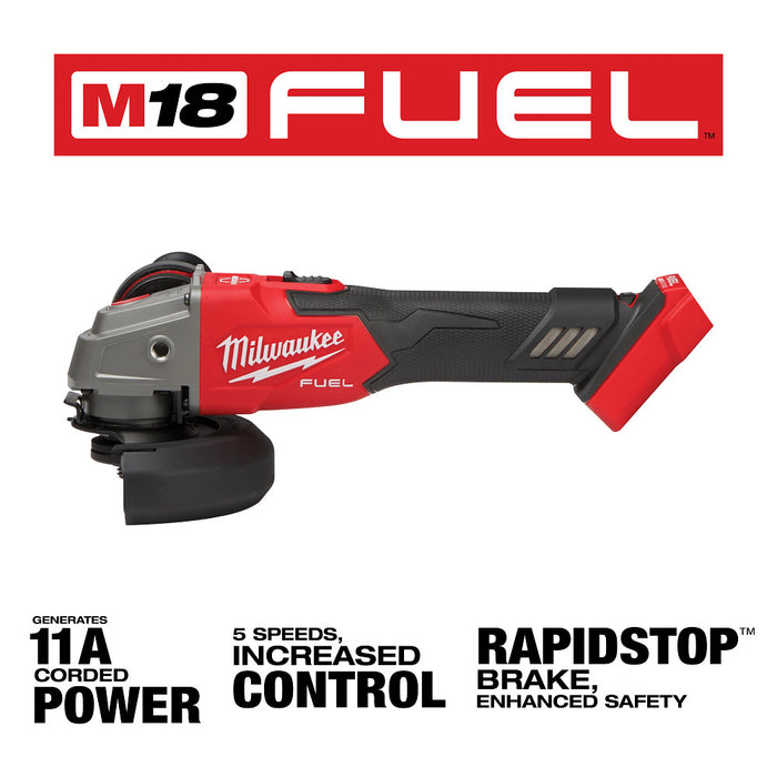 MILWAUKEE M18 FUEL™ Interruptor de bloqueo deslizante de amoladora con freno de velocidad variable de 4-1/2" / 5" (solo herramienta)