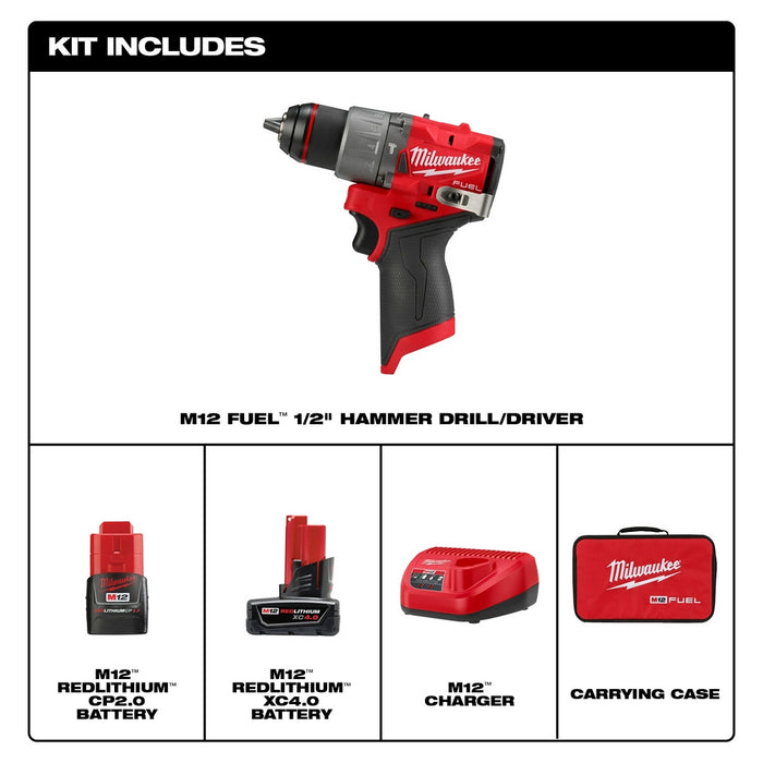 MILWAUKEE M12 FUEL™ 1/2" Hammer Drill/Driver Kit + FREE 48-11-2425 Battery Q4