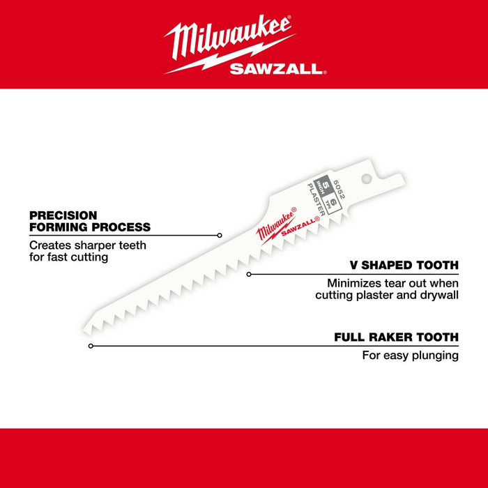 MILWAUKEE 5" 6 TPI SAWZALL® Plaster Blade (5 PACK)
