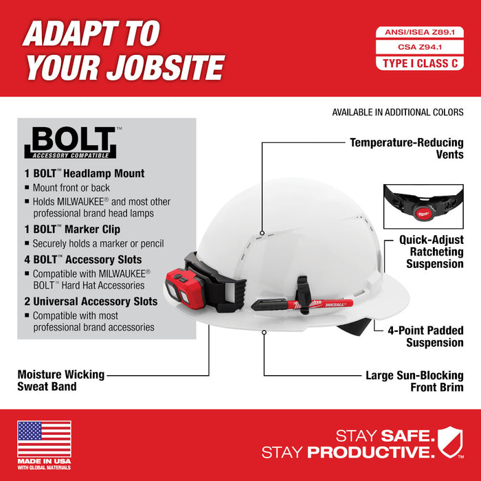 MILWAUKEE BOLT™ Full Brim Hard Hat w/ 4PT Ratcheting Suspension (USA) - Type 1