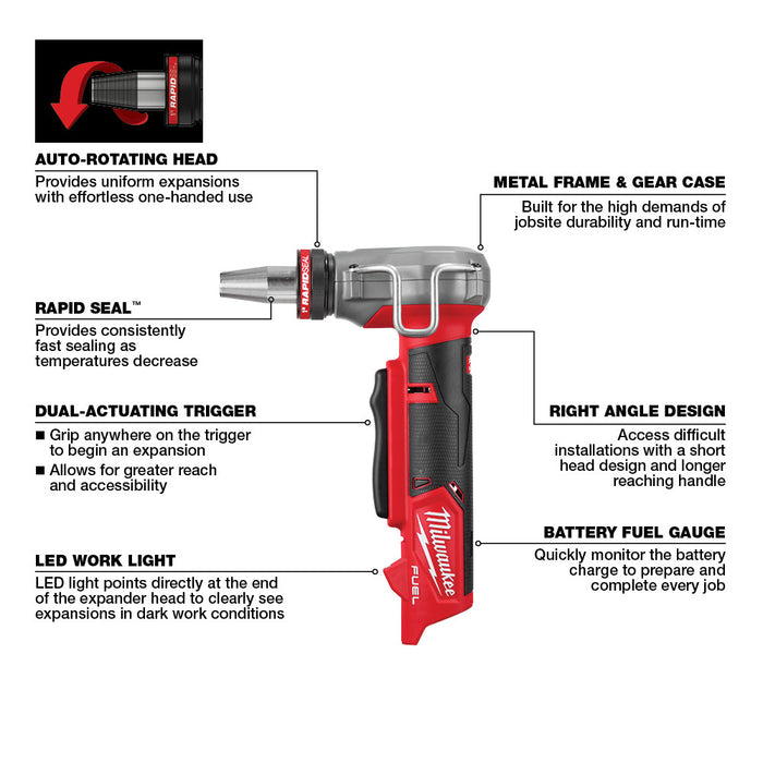 Expansor MILWAUKEE M12 FUEL™ ProPEX® con cabezales expansores RAPID SEAL™ ProPEX® de 1/2"-1"