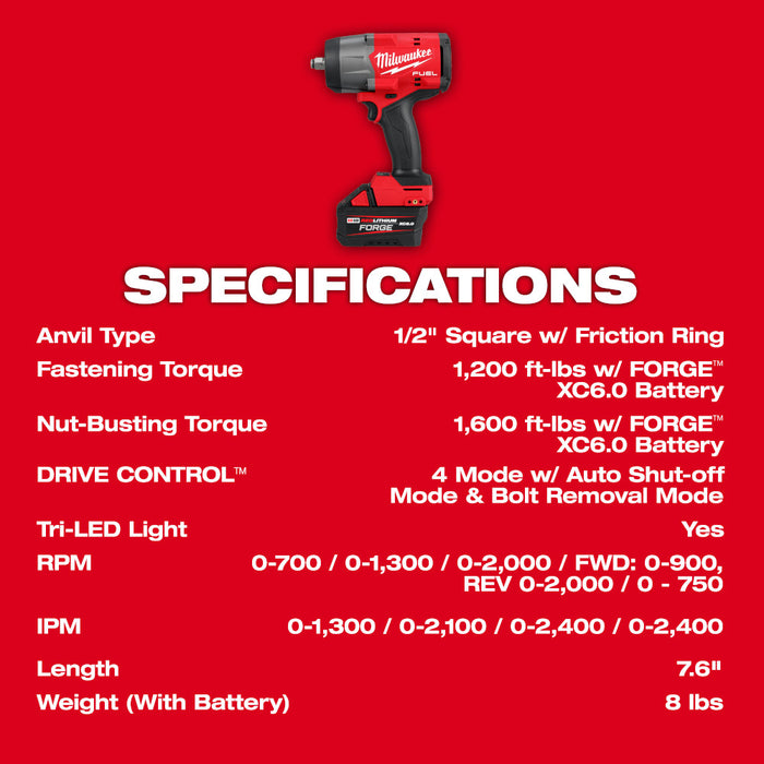 MILWAUKEE M18 FUEL™ 1/2" High Torque Impact Wrench w/ Friction Ring REDLITHIUM™ FORGE™ Kit