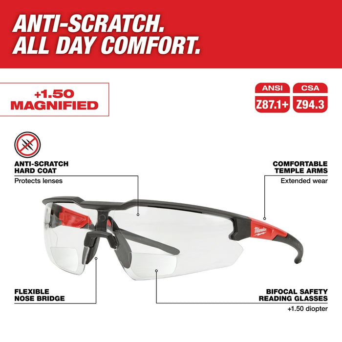MILWAUKEE Safety Glasses - Clear Anti-Scratch Lenses w/ Magnification