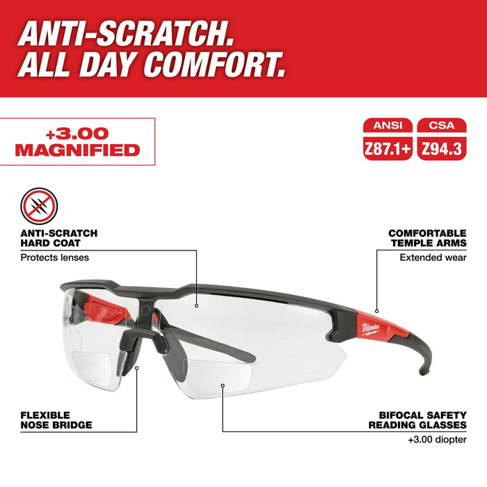MILWAUKEE Safety Glasses - Clear Anti-Scratch Lenses w/ Magnification