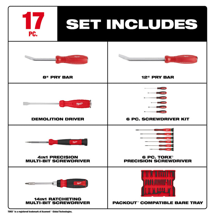 Milwaukee 17pc. Screwdriver & Pry Bar Set with Tray for PACKOUT™ Drawers 48-22-0158