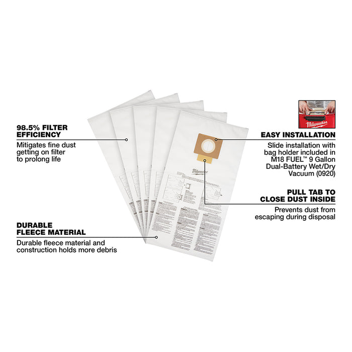 Bolsas para polvo de forro polar de 9 galones MILWAUKEE (PAQUETE DE 5)
