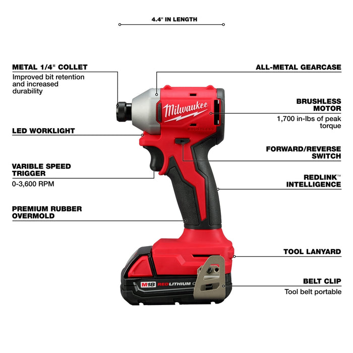 Milwaukee M18 Compact Brushless 1/4" Hex Impact Driver Kit 3650-22CT