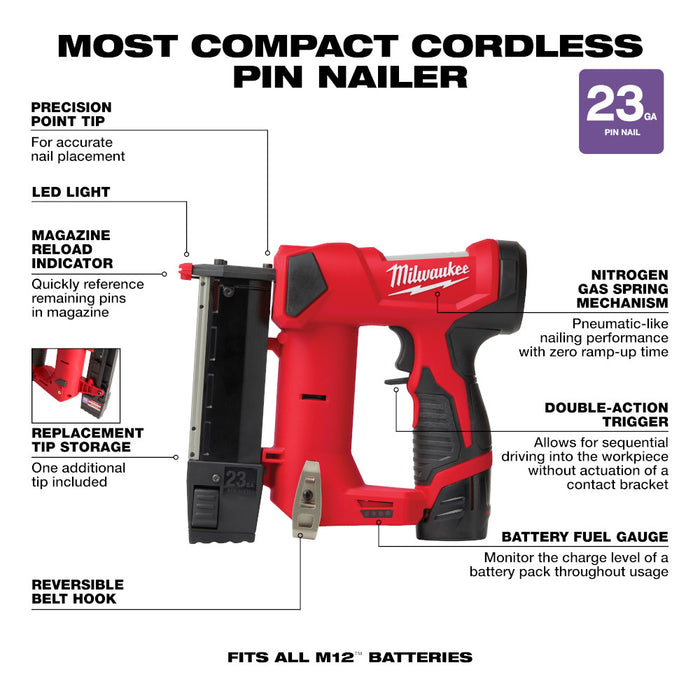 MILWAUKEE M12™ 23 Gauge Pin Nailer Kit