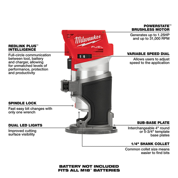 Milwaukee M18 FUEL Compact Router M18 2723-20+ FREE M18 XC5.0 Battery Pack 48-11-1850